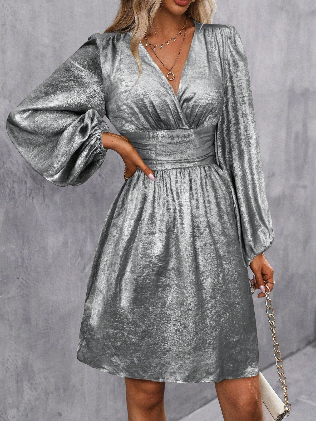 Women's Cocktail Dress | Mini Lantern Sleeve V-Neck Wrap