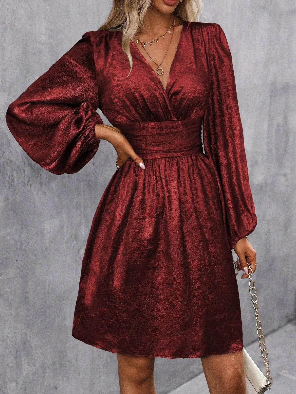 Women's Cocktail Dress | Mini Lantern Sleeve V-Neck Wrap
