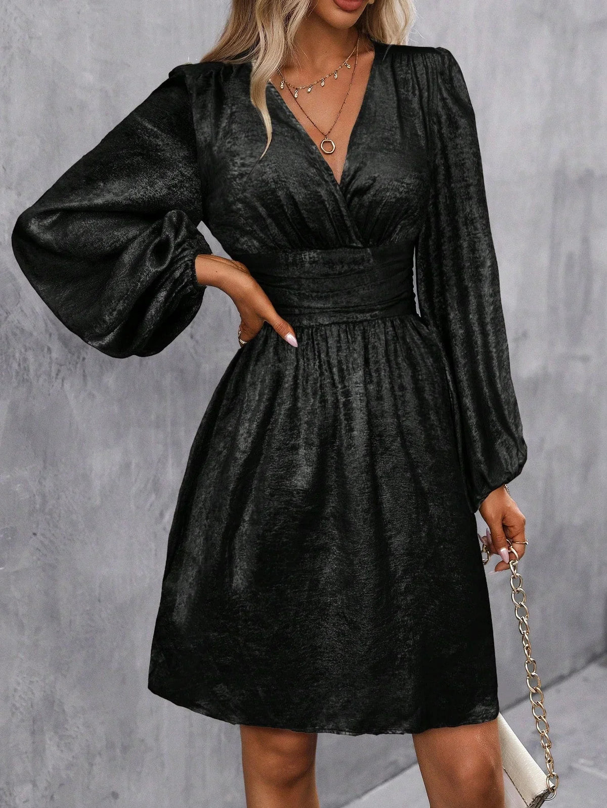 Women's Cocktail Dress | Mini Lantern Sleeve V-Neck Wrap