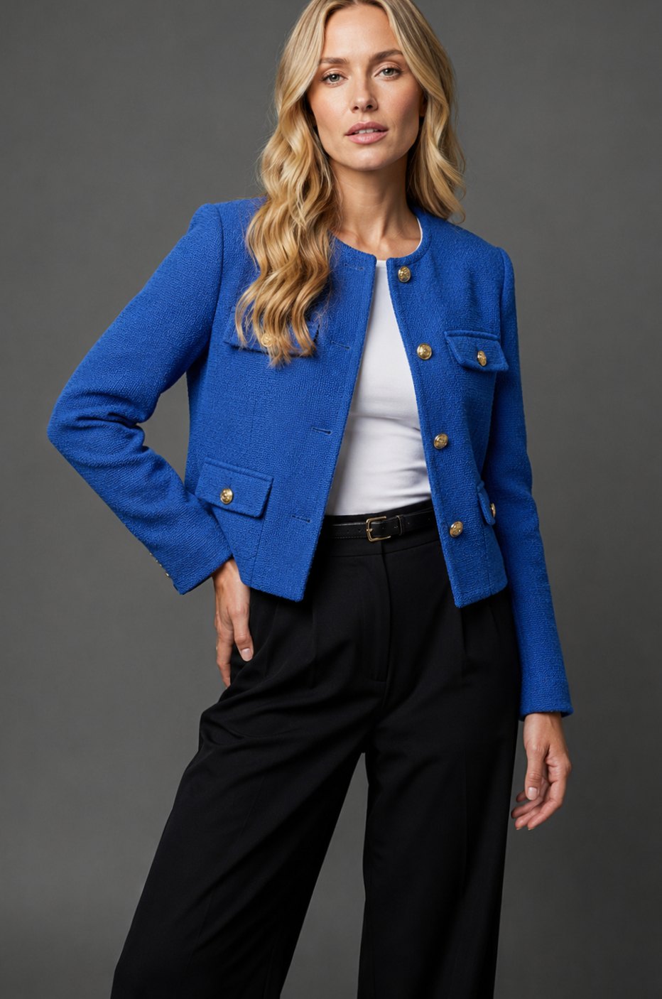 Women's Collarless Cropped Tweed Blazer with Gold Buttons and Flap Pockets