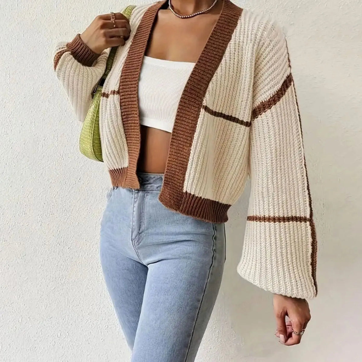 Women's Cropped Chunky Knit Open Front Cardigan with Balloon Sleeves