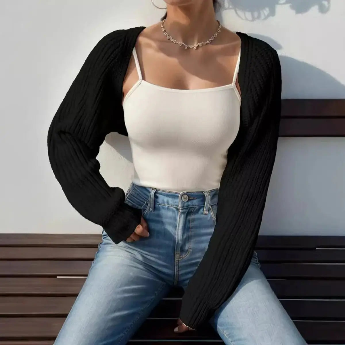 Women's Cropped Open-Front Ribbed Knit Shrug Cardigan