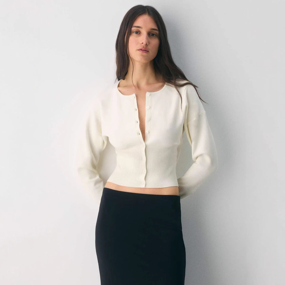 Women's Cropped Ribbed Knit Cardigan with Button Placket