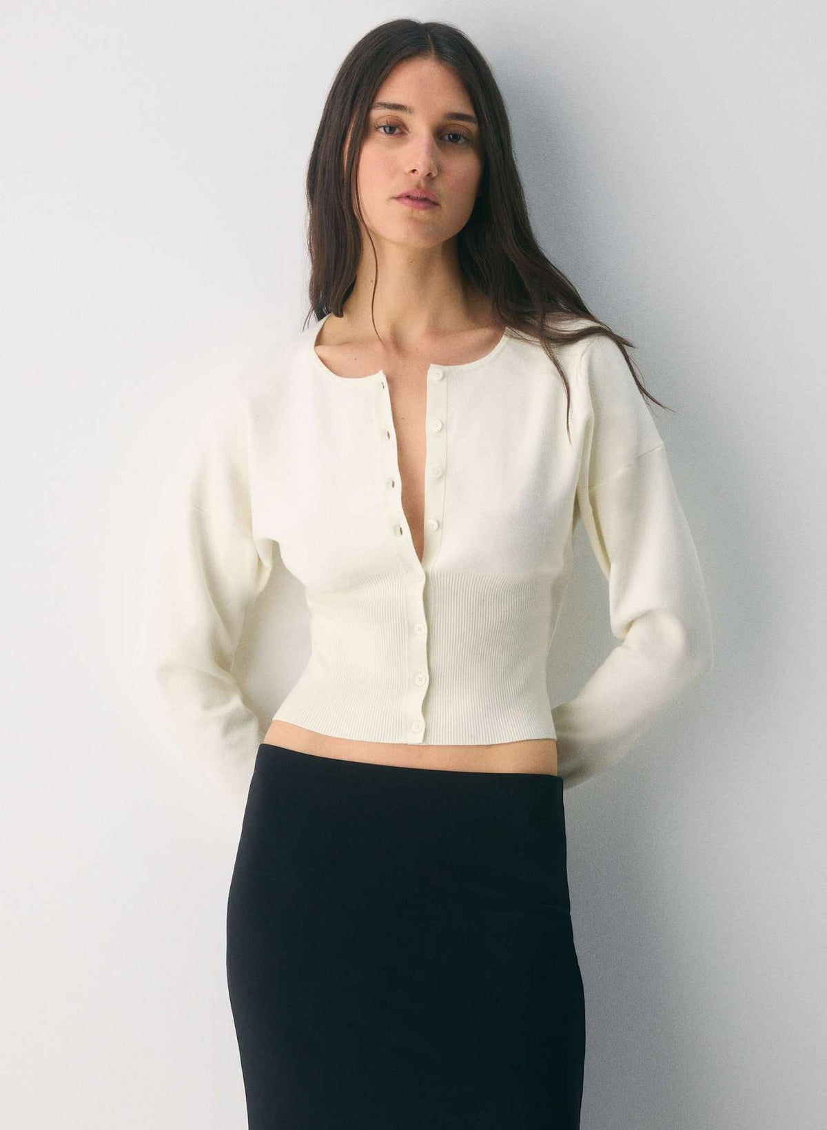 Women's Cropped Ribbed Knit Cardigan with Button Placket