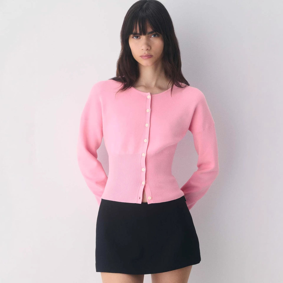 Women's Cropped Ribbed Knit Cardigan with Button Placket