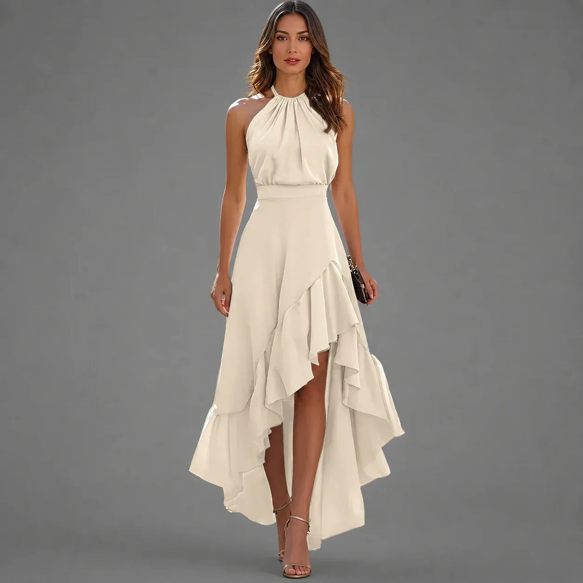Women’s Halterneck Ruffle High-Low Maxi Dress
