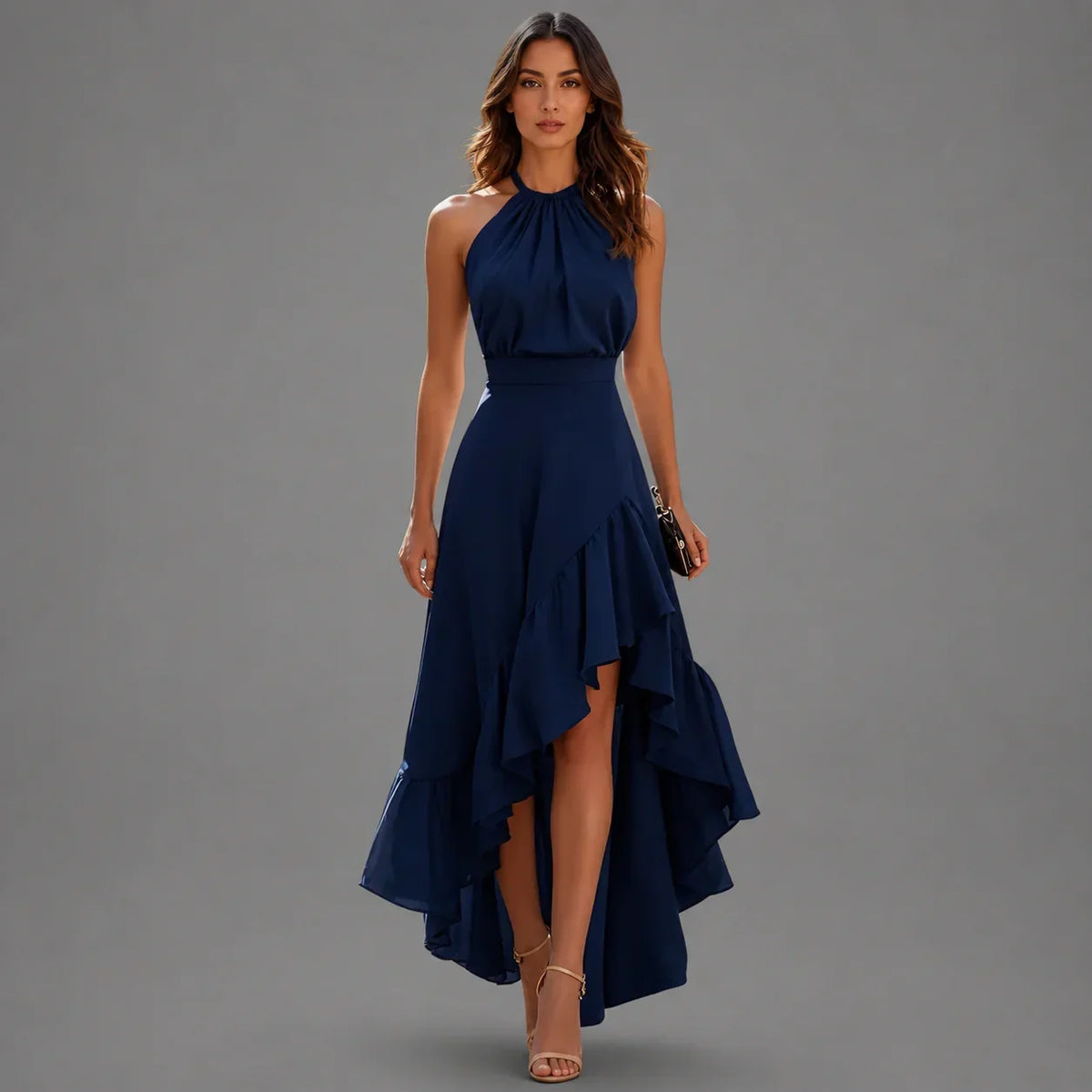 Women’s Halterneck Ruffle High-Low Maxi Dress