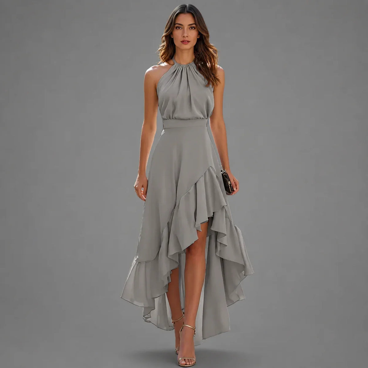 Women’s Halterneck Ruffle High-Low Maxi Dress