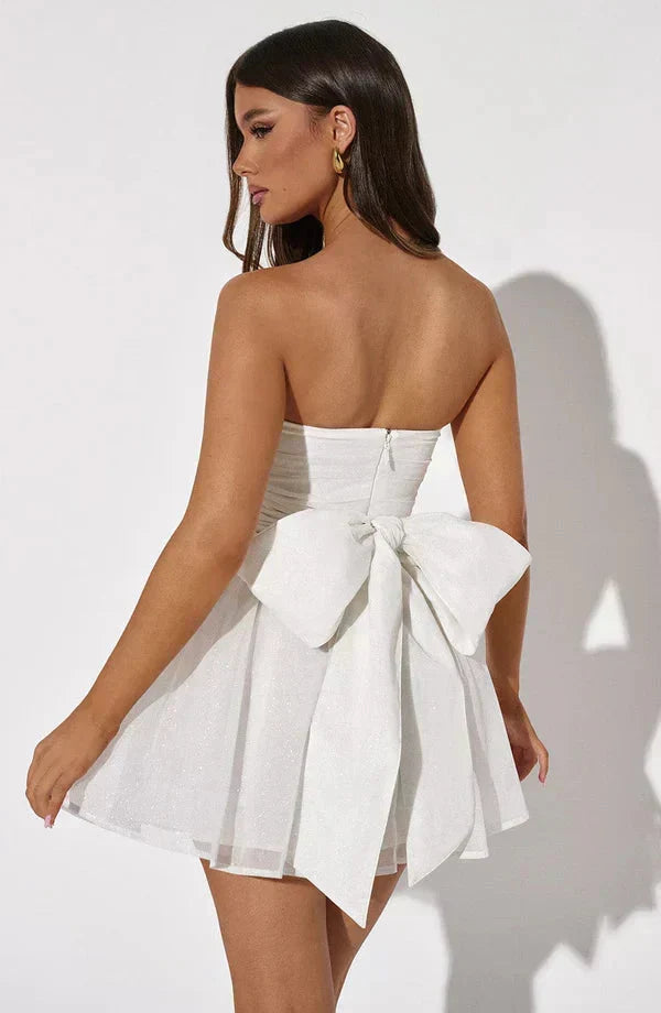 Women's Homecoming Dress | Mini Glitter Bow Detail Strapless