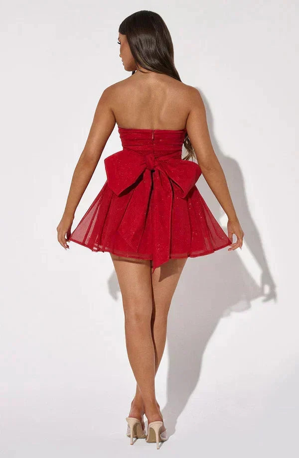 Women's Homecoming Dress | Mini Glitter Bow Detail Strapless