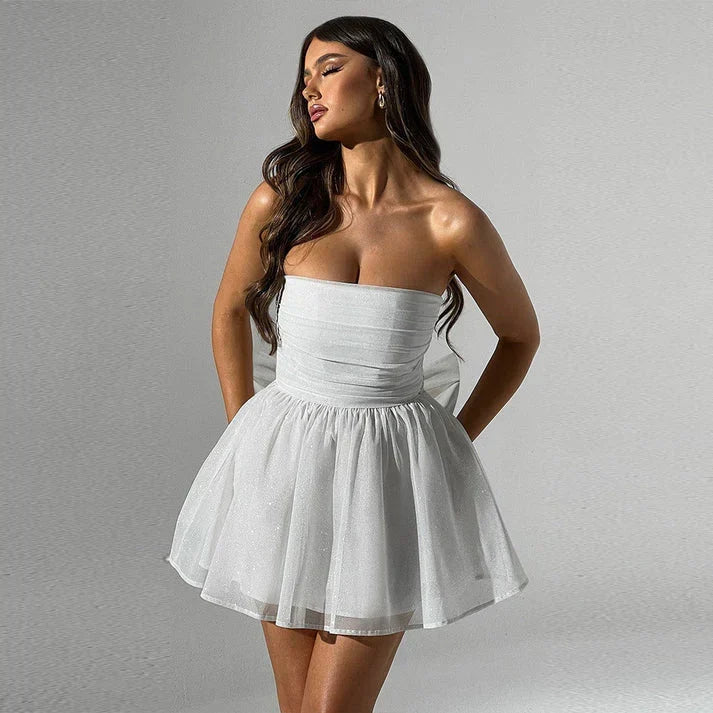 Women's Homecoming Dress | Mini Glitter Bow Detail Strapless