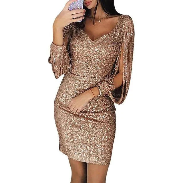 Women's Homecoming Dress | Mini Sequin V-Neck Sleeve Dress