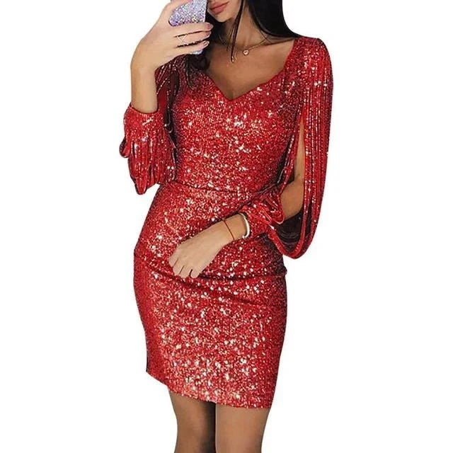 Women's Homecoming Dress | Mini Sequin V-Neck Sleeve Dress