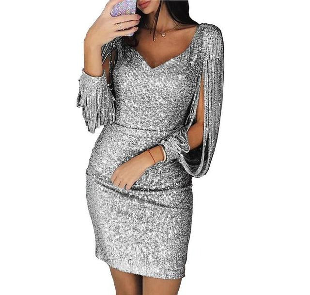 Women's Homecoming Dress | Mini Sequin V-Neck Sleeve Dress