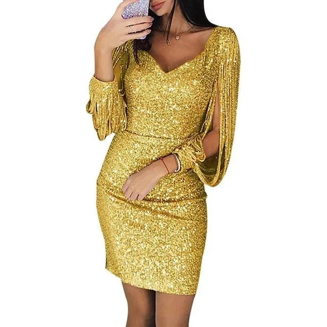 Women's Homecoming Dress | Mini Sequin V-Neck Sleeve Dress