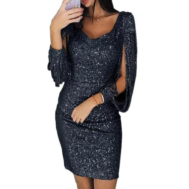 Women's Homecoming Dress | Mini Sequin V-Neck Sleeve Dress