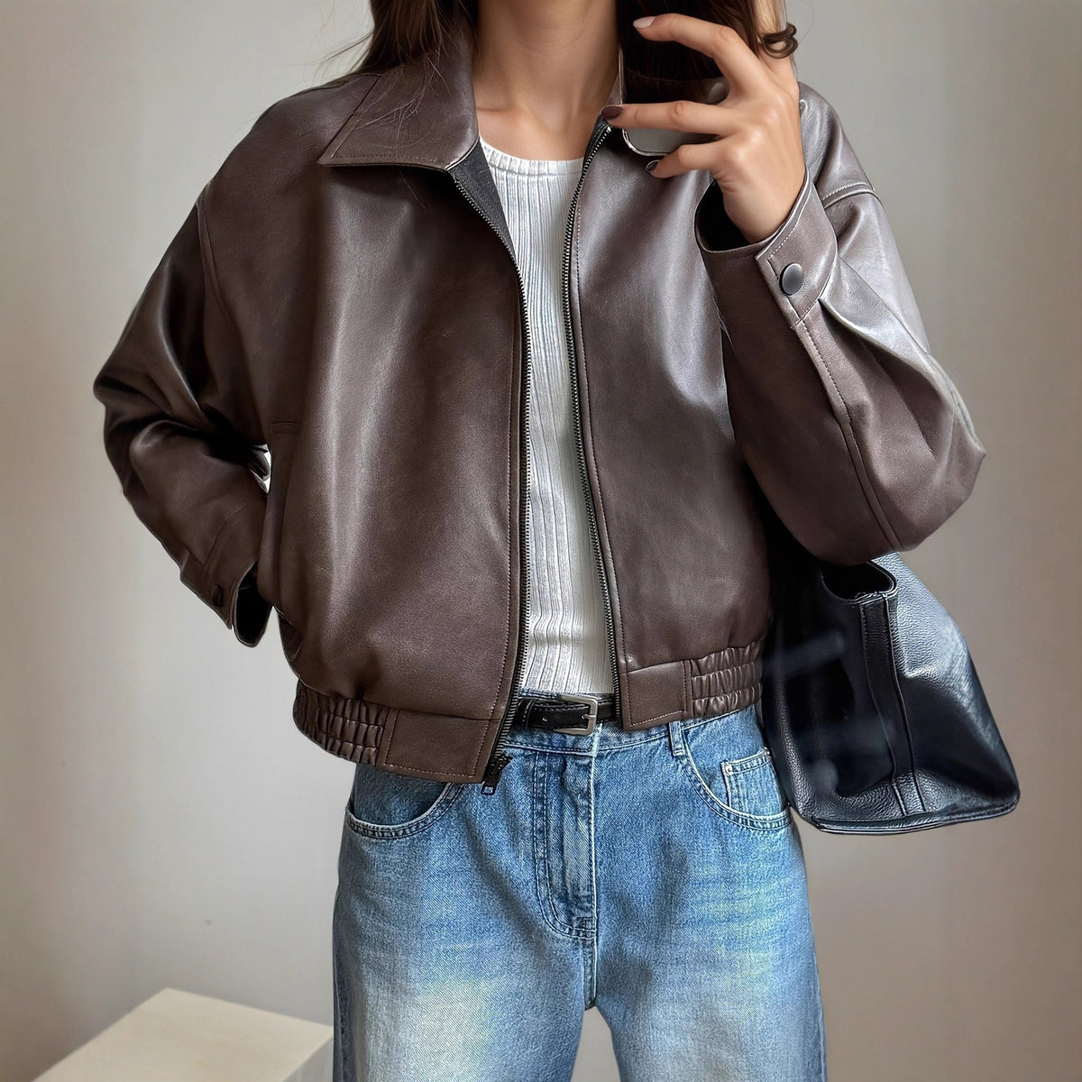 Women's Long-Sleeved Leather Jacket