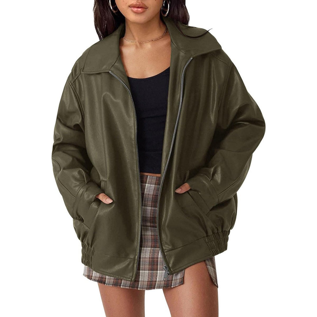 Women's Oversized Faux Leather Zip-Up Bomber Jacket