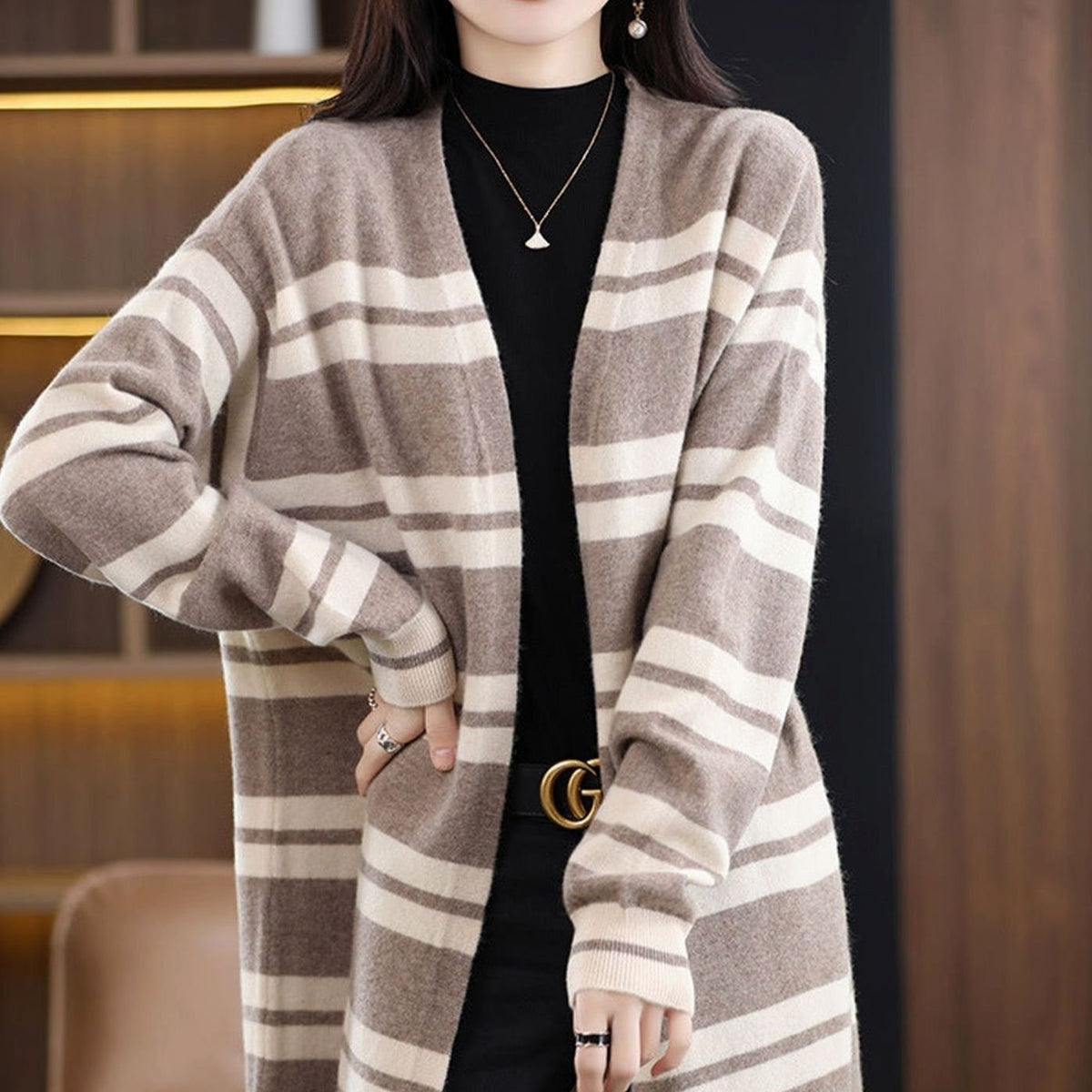 Women's Oversized Long Open-Front Striped Knit Cardigan