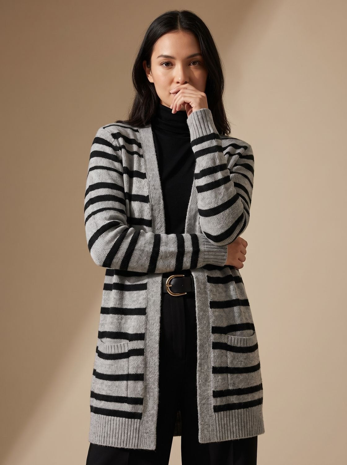 Women's Oversized Long Open-Front Striped Knit Cardigan