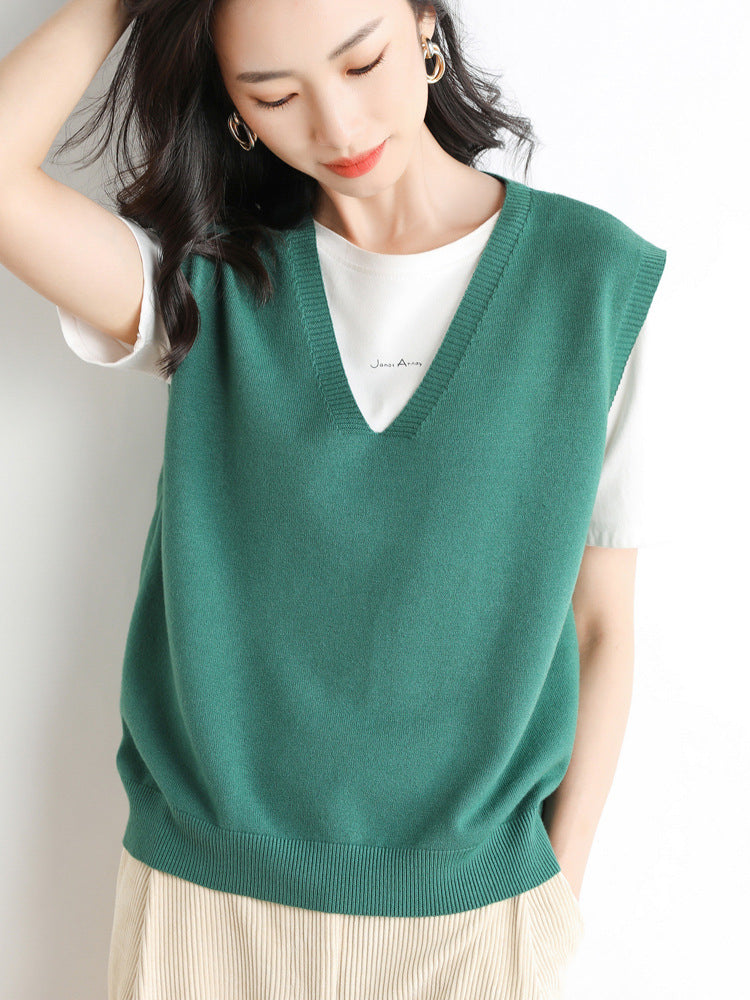 Women's Oversized V-Neck Fine-Knit Sweater Vest with Ribbed Hem