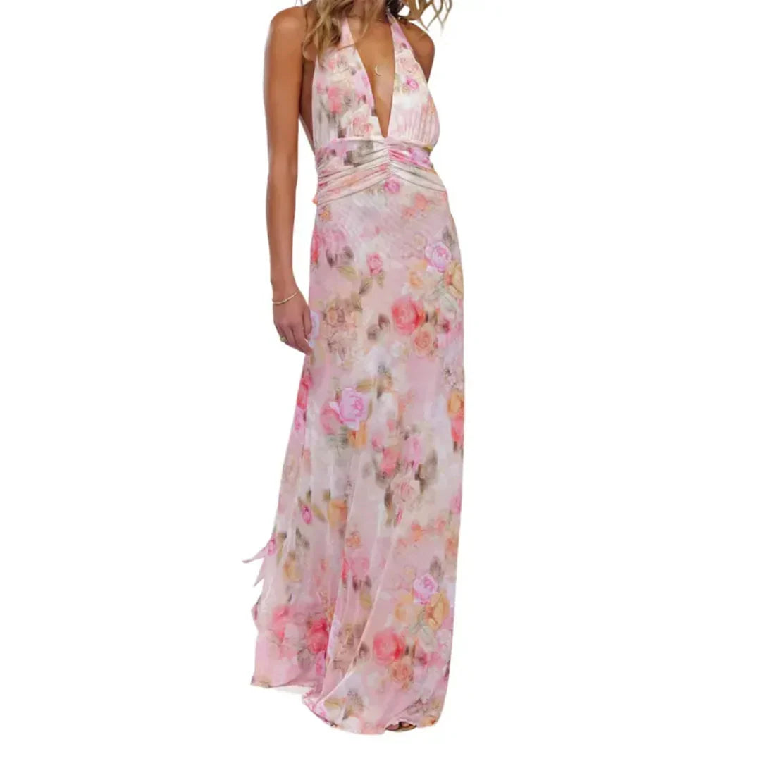 Women's Prom Dress | Maxi Floral Halter Backless