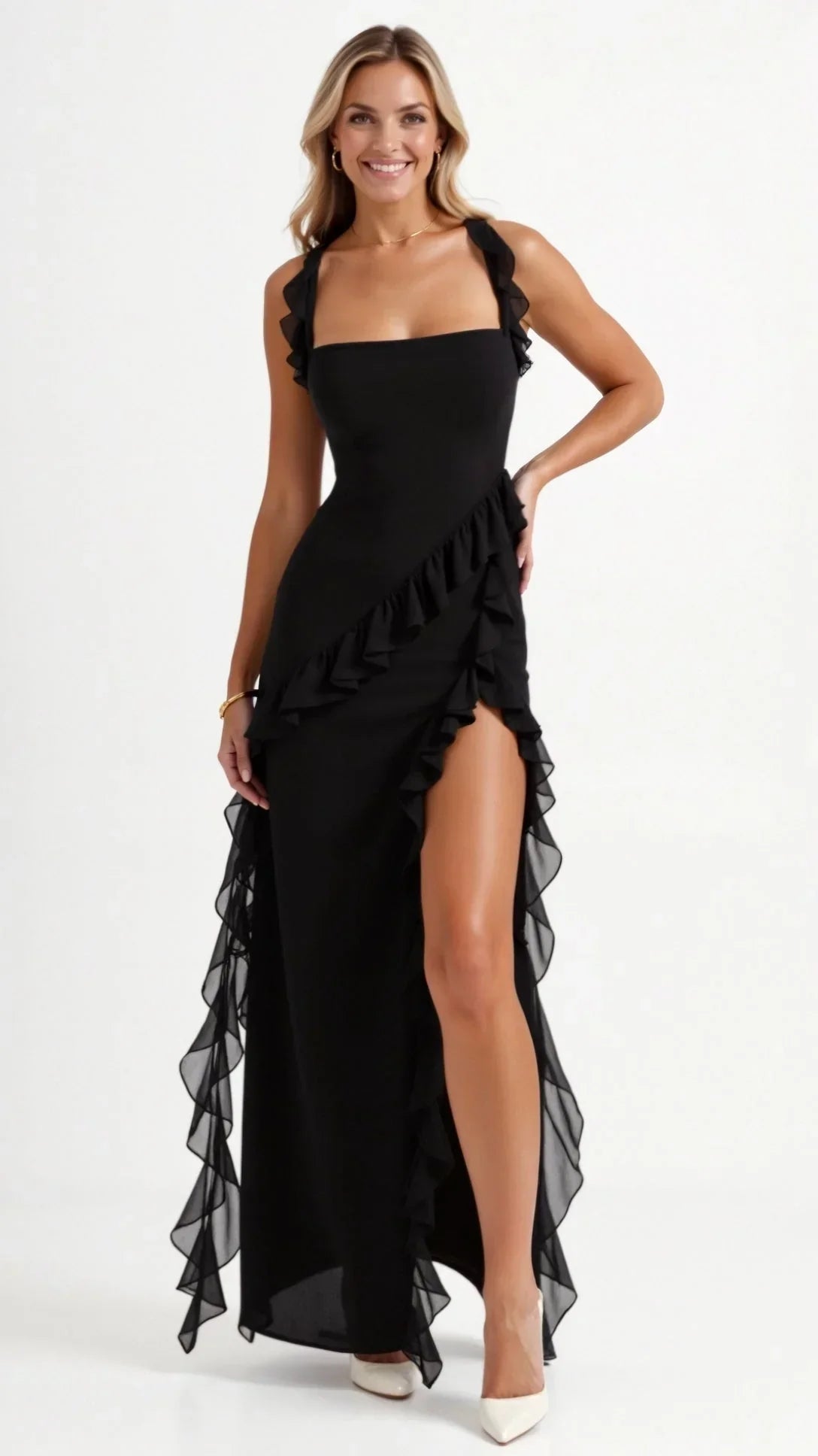 Women's Prom Dress | Maxi Ruffle Slit Square Neck