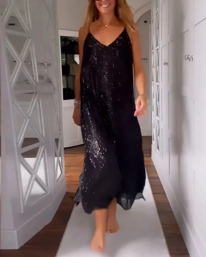 Women's Sequin Dress | Midi Black V-Neck Sleeveless