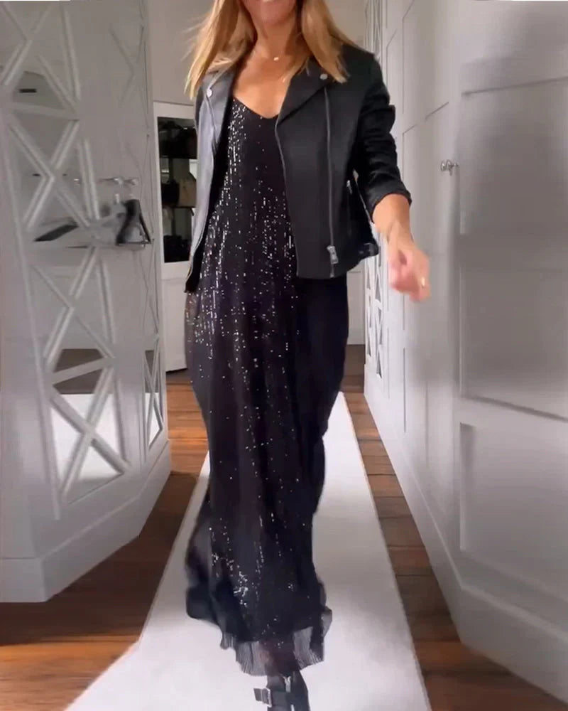 Women's Sequin Dress | Midi Black V-Neck Sleeveless