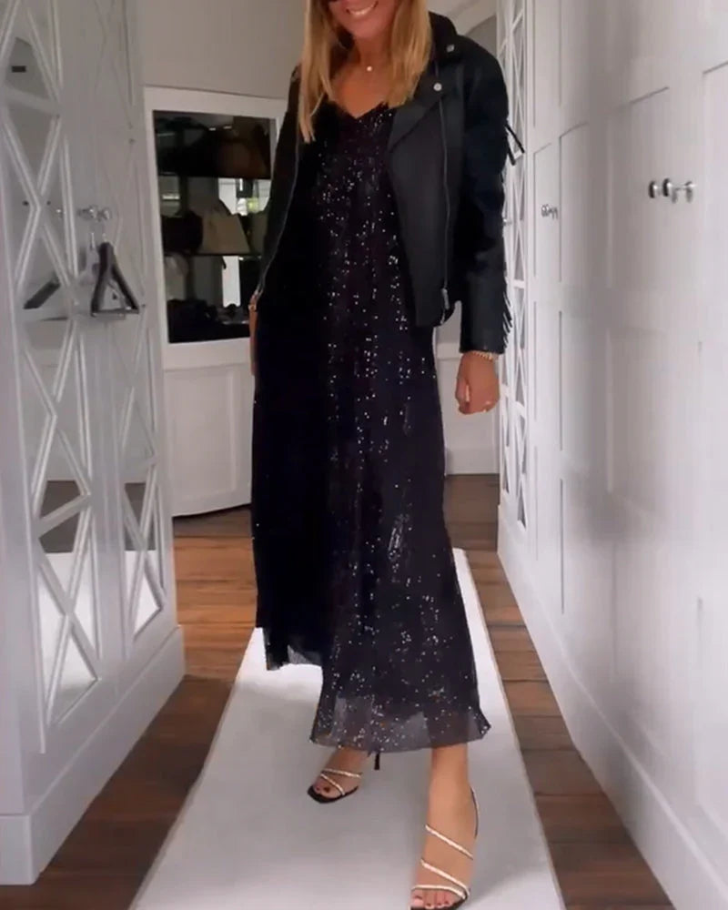 Women's Sequin Dress | Midi Black V-Neck Sleeveless