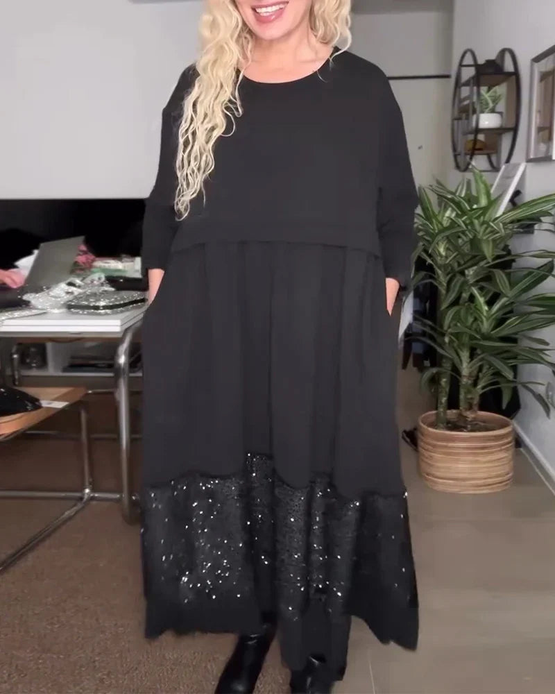 Women's Sequin Dress | Midi Patchwork Round Neck Long Sleeve