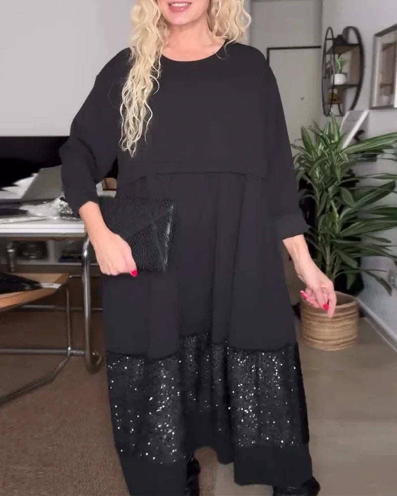 Women's Sequin Dress | Midi Patchwork Round Neck Long Sleeve