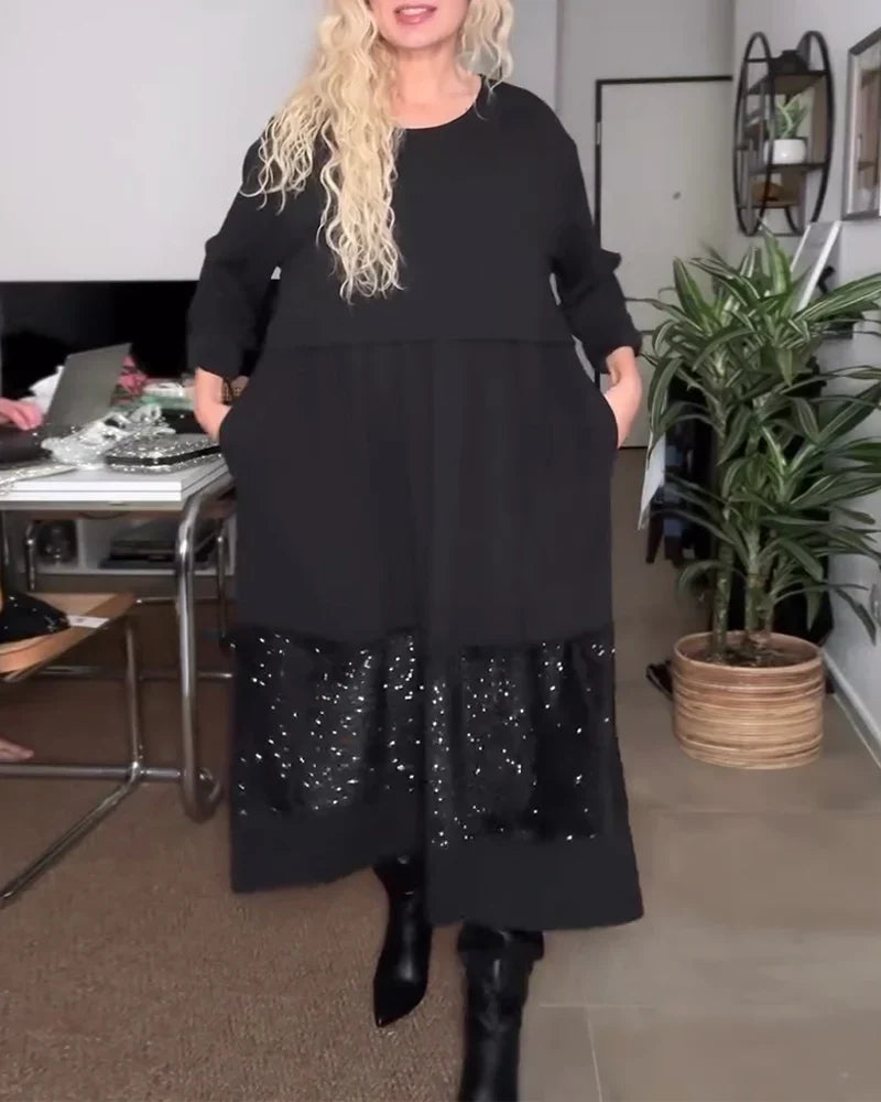 Women's Sequin Dress | Midi Patchwork Round Neck Long Sleeve