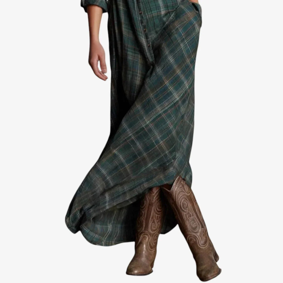 Women's Shirt Dress | Maxi Green Plaid Button Front