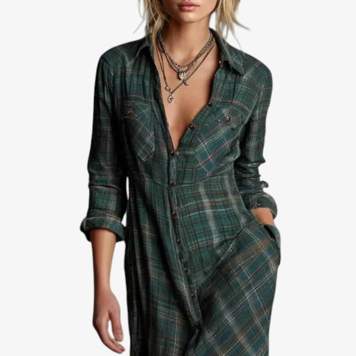 Women's Shirt Dress | Maxi Green Plaid Button Front