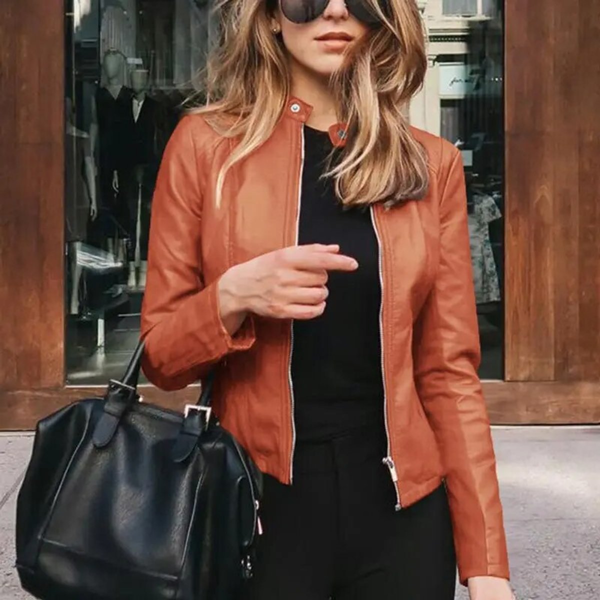 Women's Slim-Fit Zip-Up Faux Leather Jacket