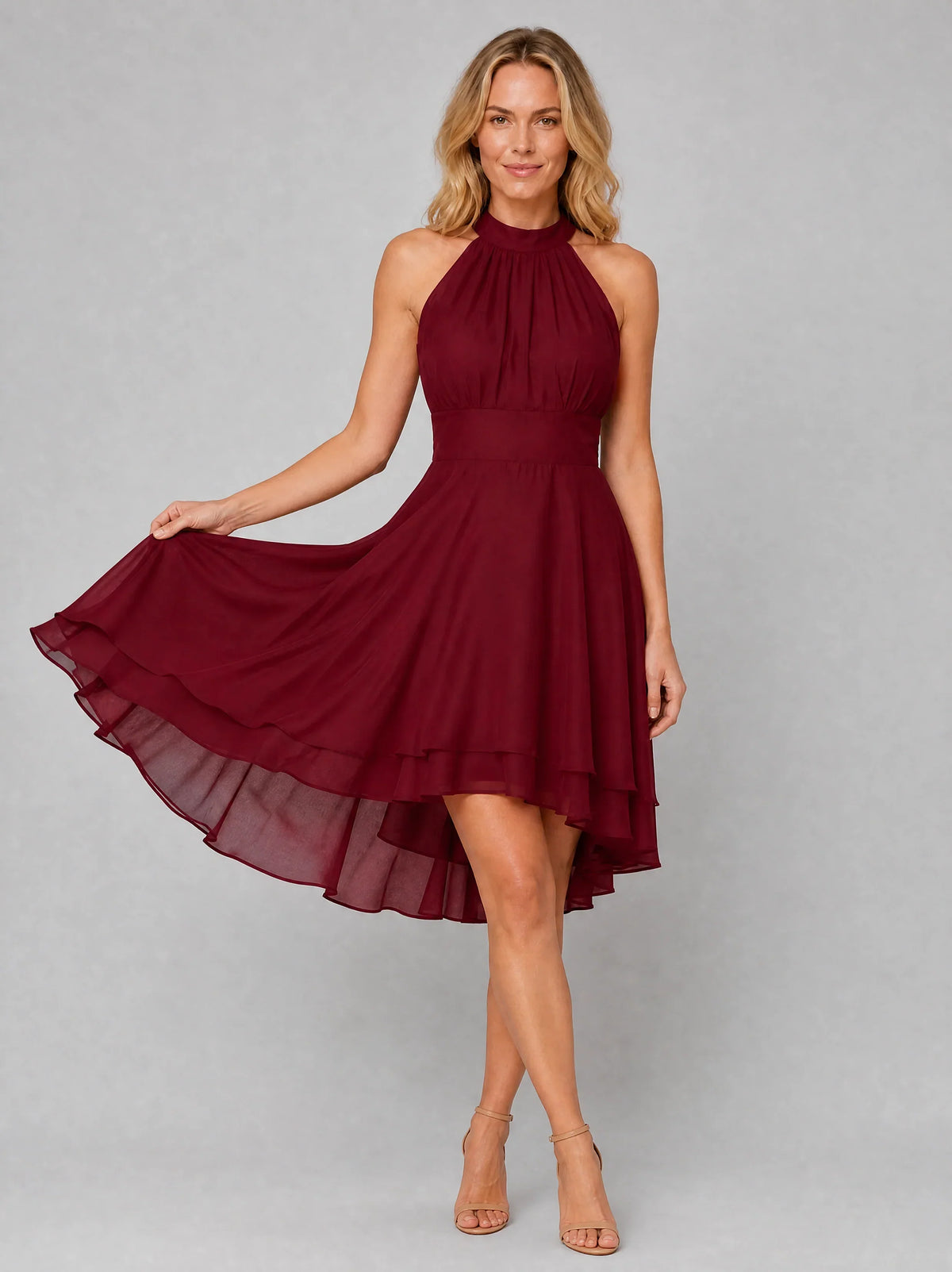 Women’s Halter Neck Ruffle High-Low Midi Dress