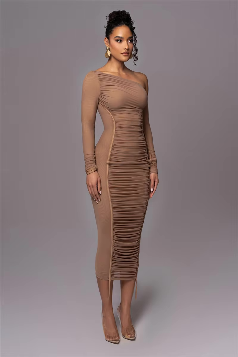 Women's One Shoulder Ruched Bodycon Midi Dress
