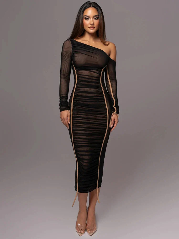 Women's One Shoulder Ruched Bodycon Midi Dress
