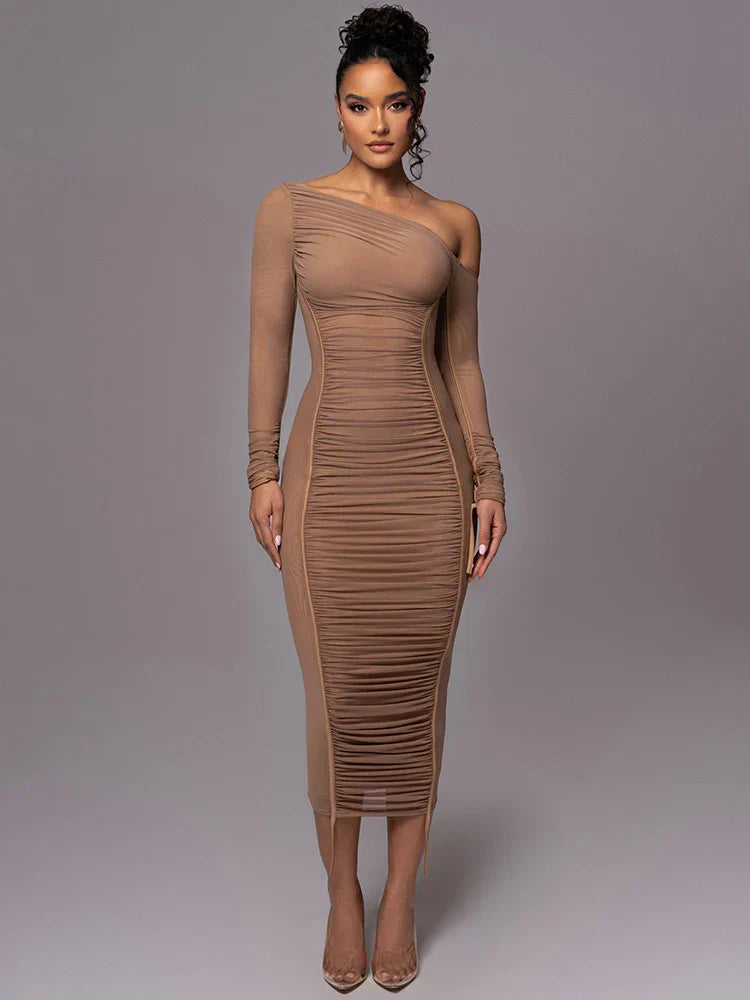 Women's One Shoulder Ruched Bodycon Midi Dress