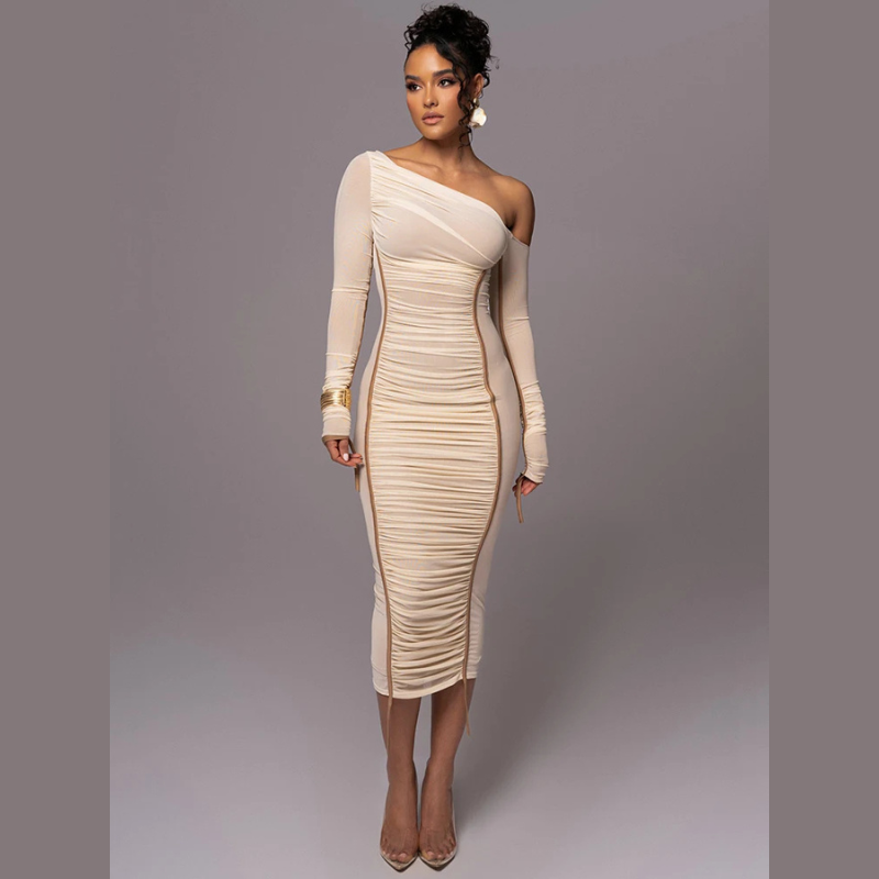 Women's One Shoulder Ruched Bodycon Midi Dress