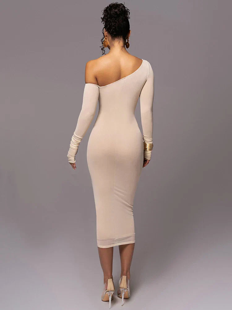 Women's One Shoulder Ruched Bodycon Midi Dress