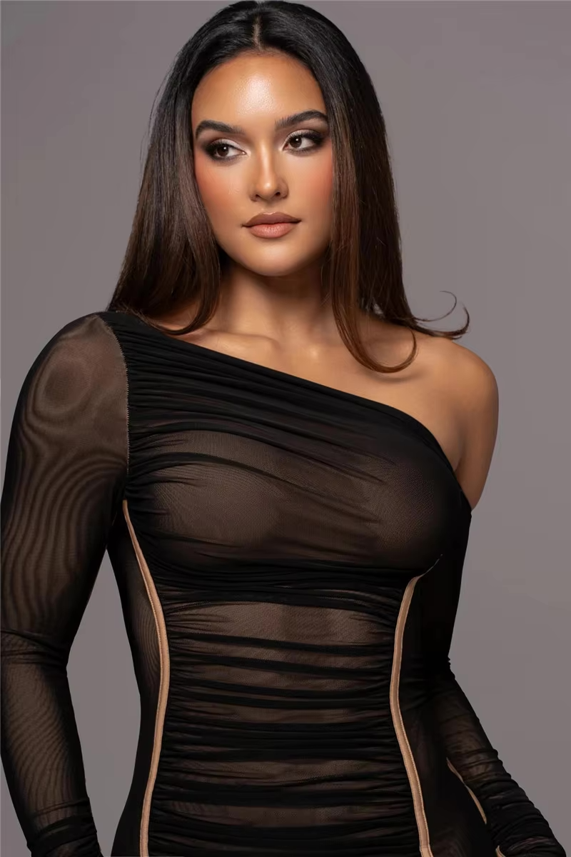 Women's One Shoulder Ruched Bodycon Midi Dress