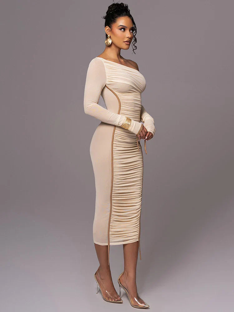 Women's One Shoulder Ruched Bodycon Midi Dress