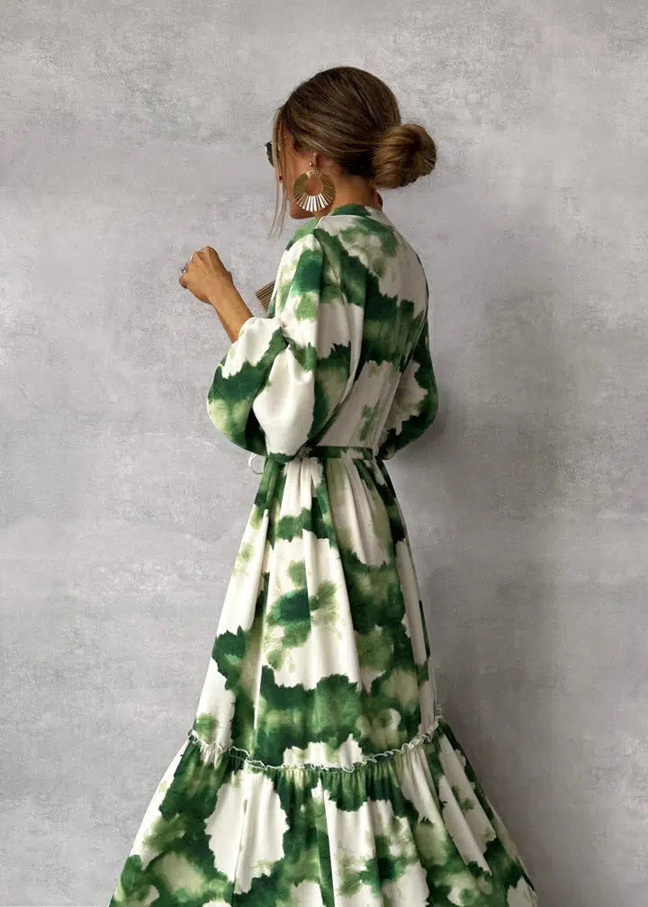 Women's Green Print Maxi Dress with Tie Waist
