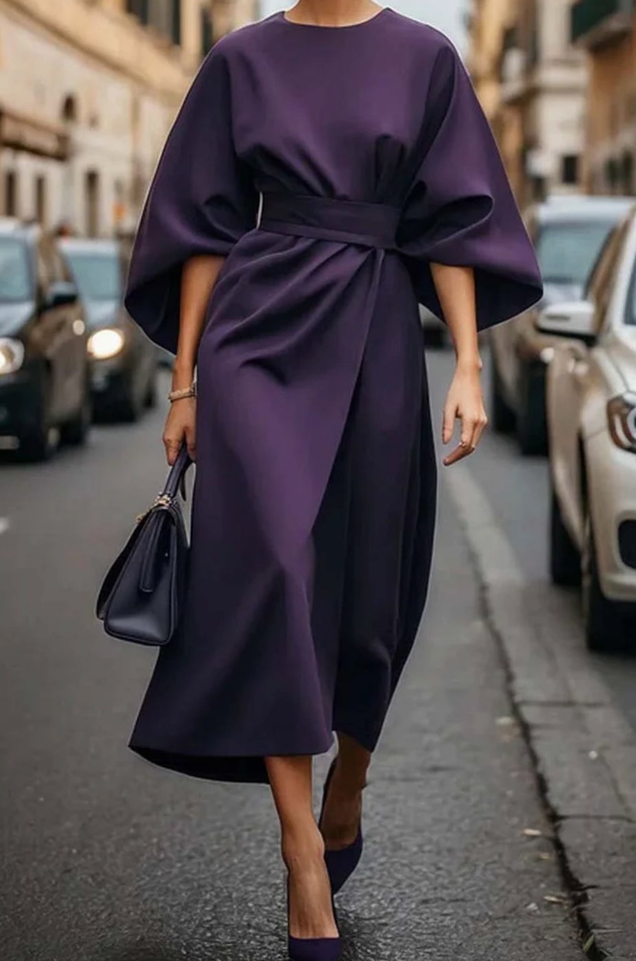 Victoria | Women's Belted Kimono-Sleeve Midi Elegant Dress