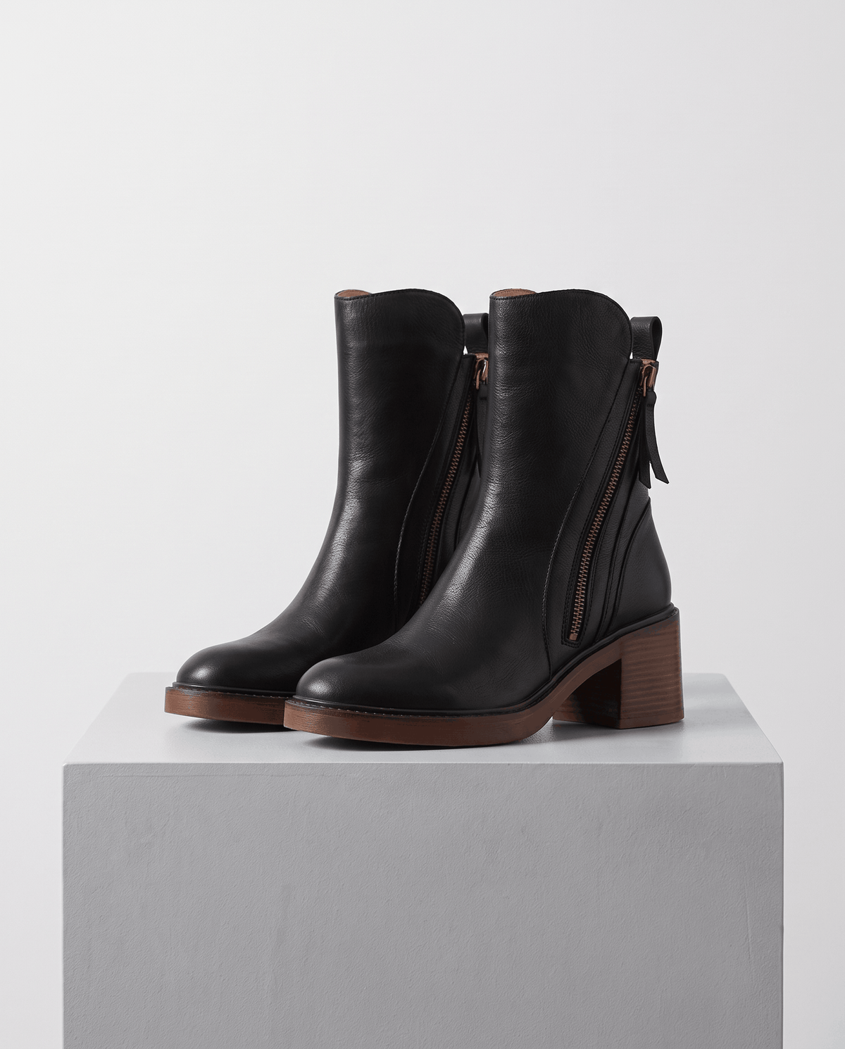 Block Heel Leather Ankle Boots – Side Zip & Cushioned Interior | Odette