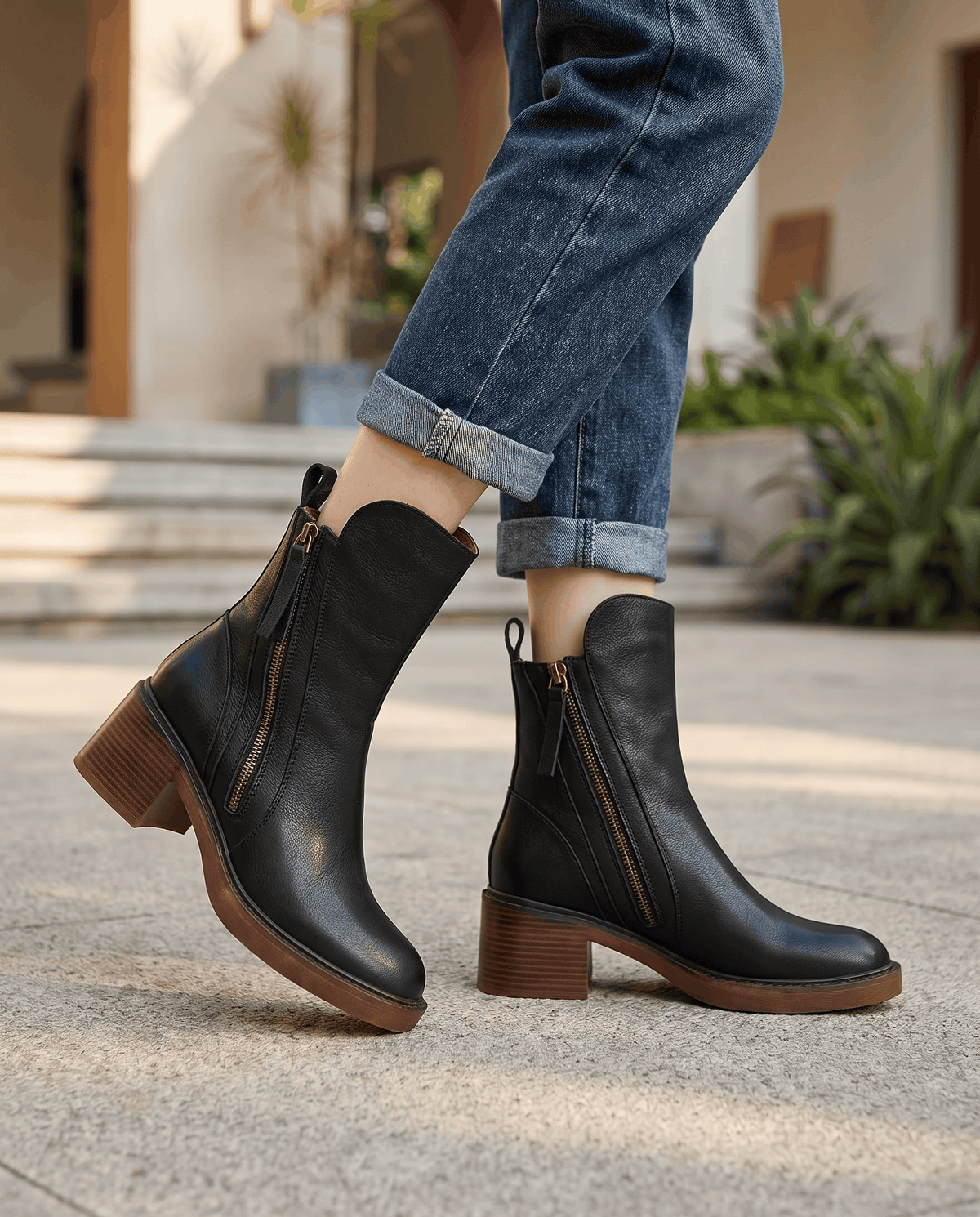 Block Heel Leather Ankle Boots – Side Zip & Cushioned Interior | Odette