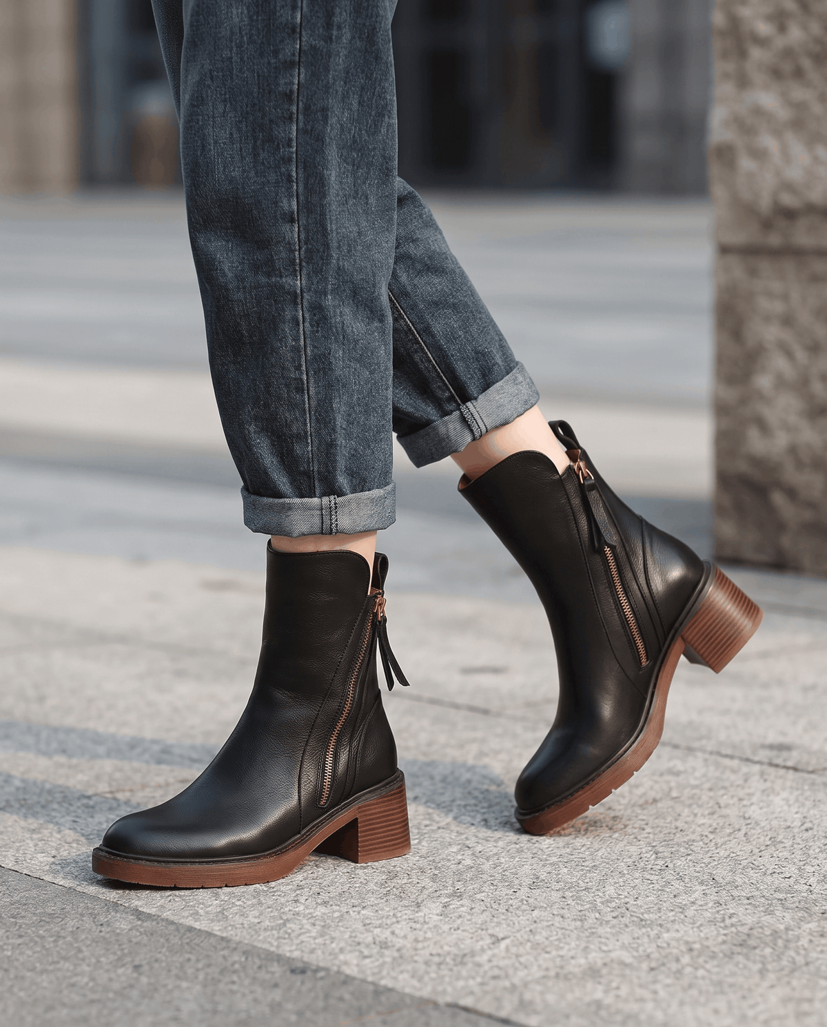 Block Heel Leather Ankle Boots – Side Zip & Cushioned Interior | Odette
