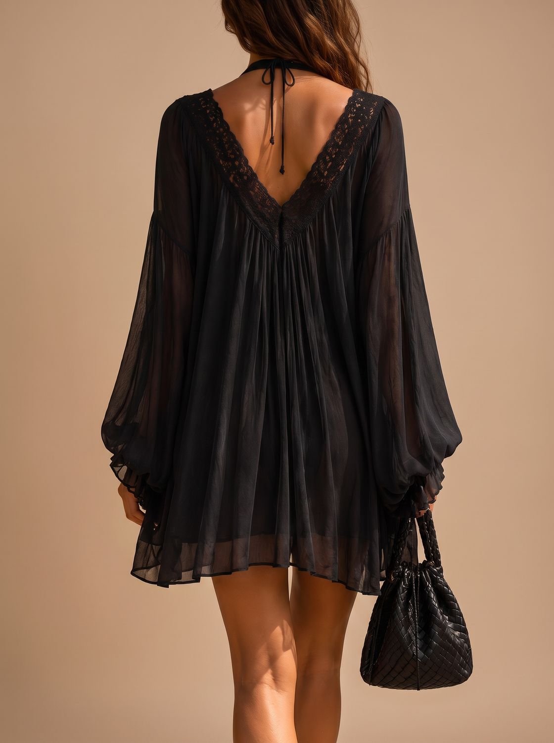 Charlotte | Women's Boho Lace-Trim Deep V-Neck Chiffon Mini Dress
